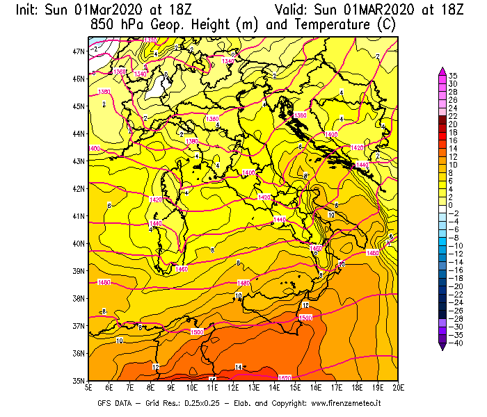 Mappa di analisi GFS - Geopotenziale [m] e Temperatura [°C] a 850 hPa in Italia
							del 01/03/2020 18 <!--googleoff: index-->UTC<!--googleon: index-->