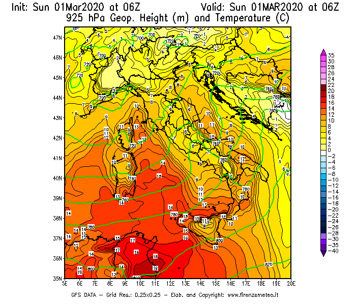 Mappa di analisi GFS - Geopotenziale [m] e Temperatura [°C] a 925 hPa in Italia
							del 01/03/2020 06 <!--googleoff: index-->UTC<!--googleon: index-->