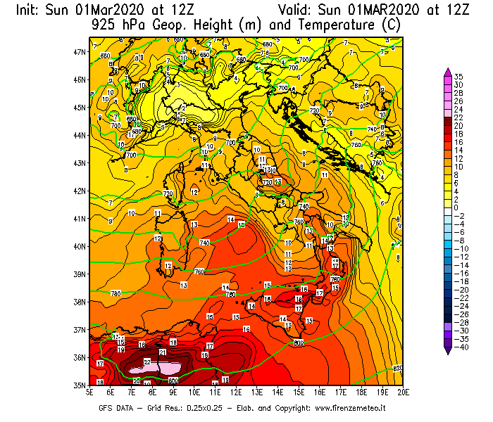 Mappa di analisi GFS - Geopotenziale [m] e Temperatura [°C] a 925 hPa in Italia
							del 01/03/2020 12 <!--googleoff: index-->UTC<!--googleon: index-->