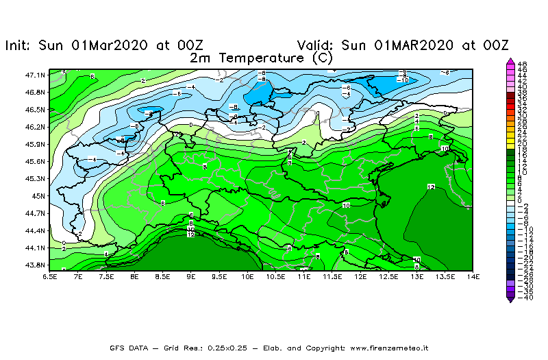 Mappa di analisi GFS - Temperatura a 2 metri dal suolo [°C] in Nord-Italia
							del 01/03/2020 00 <!--googleoff: index-->UTC<!--googleon: index-->