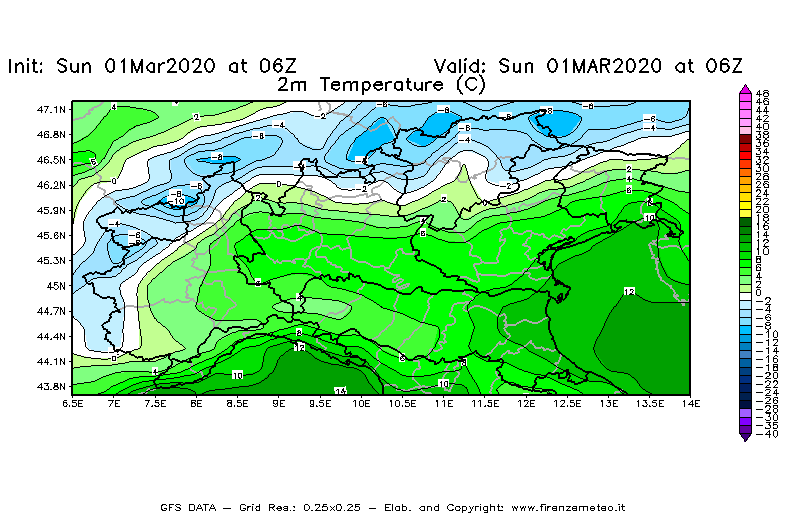 Mappa di analisi GFS - Temperatura a 2 metri dal suolo [°C] in Nord-Italia
							del 01/03/2020 06 <!--googleoff: index-->UTC<!--googleon: index-->