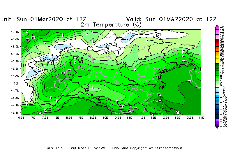 Mappa di analisi GFS - Temperatura a 2 metri dal suolo [°C] in Nord-Italia
							del 01/03/2020 12 <!--googleoff: index-->UTC<!--googleon: index-->