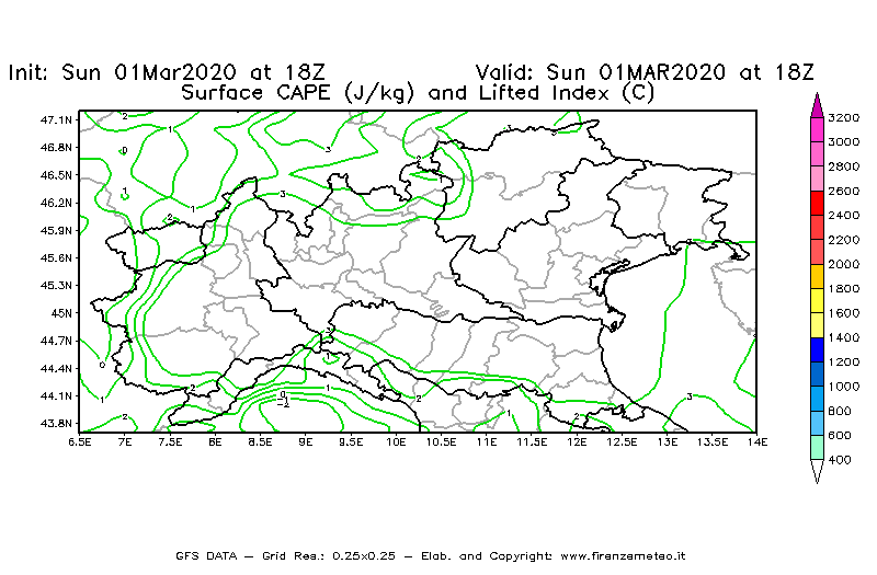 Mappa di analisi GFS - CAPE [J/kg] e Lifted Index [°C] in Nord-Italia
							del 01/03/2020 18 <!--googleoff: index-->UTC<!--googleon: index-->