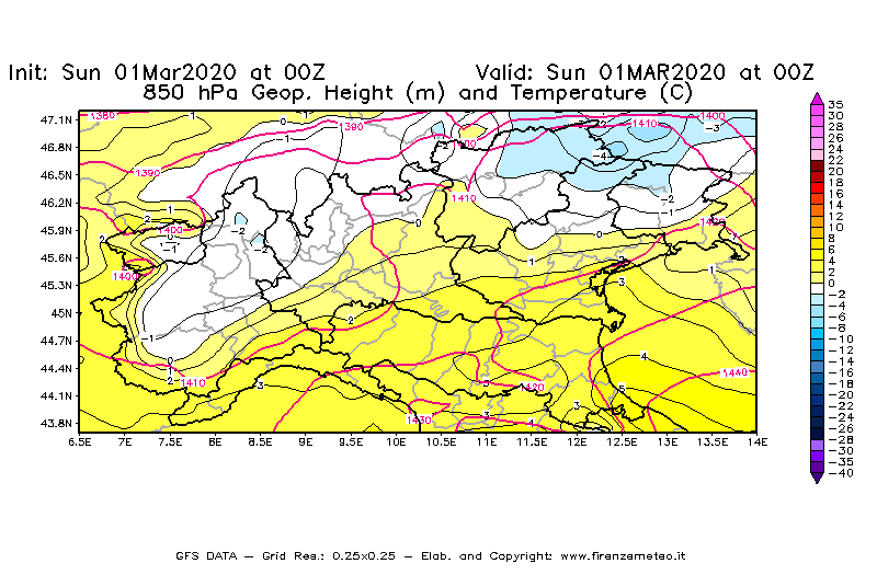 Mappa di analisi GFS - Geopotenziale [m] e Temperatura [°C] a 850 hPa in Nord-Italia
							del 01/03/2020 00 <!--googleoff: index-->UTC<!--googleon: index-->