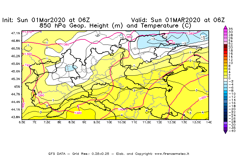 Mappa di analisi GFS - Geopotenziale [m] e Temperatura [°C] a 850 hPa in Nord-Italia
							del 01/03/2020 06 <!--googleoff: index-->UTC<!--googleon: index-->