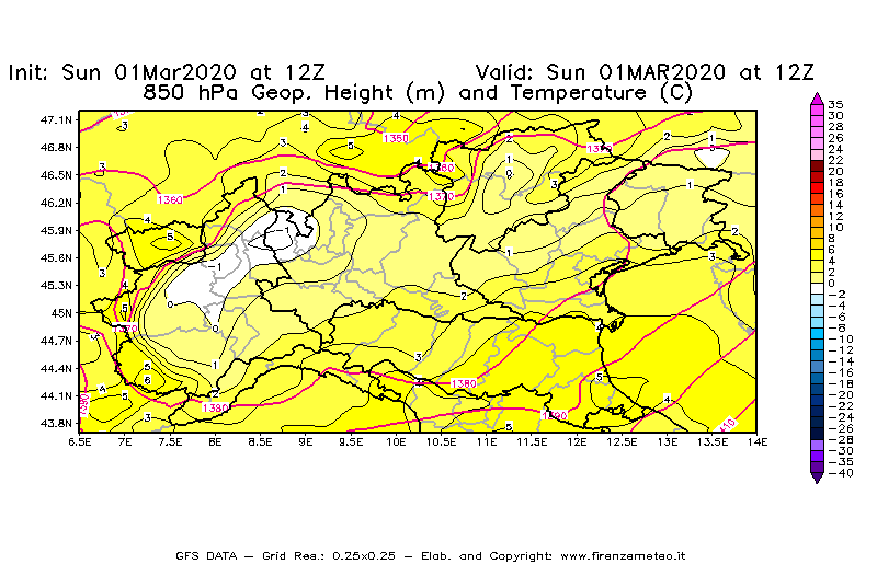 Mappa di analisi GFS - Geopotenziale [m] e Temperatura [°C] a 850 hPa in Nord-Italia
							del 01/03/2020 12 <!--googleoff: index-->UTC<!--googleon: index-->