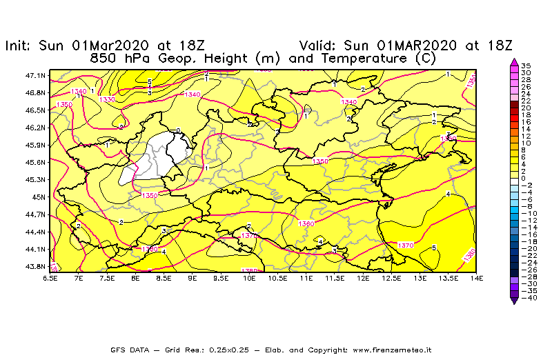 Mappa di analisi GFS - Geopotenziale [m] e Temperatura [°C] a 850 hPa in Nord-Italia
							del 01/03/2020 18 <!--googleoff: index-->UTC<!--googleon: index-->