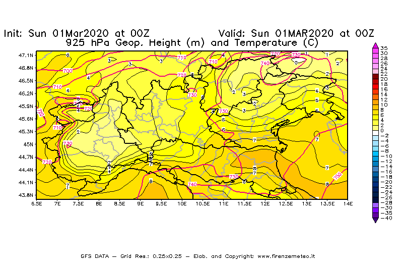 Mappa di analisi GFS - Geopotenziale [m] e Temperatura [°C] a 925 hPa in Nord-Italia
							del 01/03/2020 00 <!--googleoff: index-->UTC<!--googleon: index-->