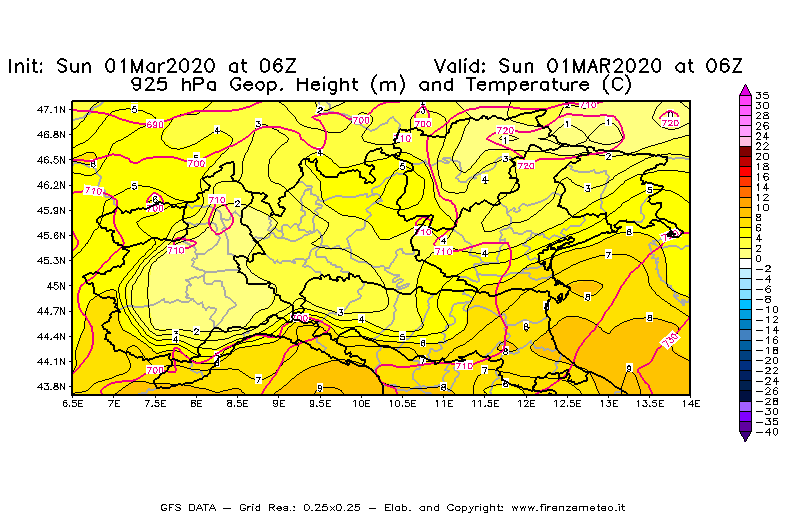 Mappa di analisi GFS - Geopotenziale [m] e Temperatura [°C] a 925 hPa in Nord-Italia
							del 01/03/2020 06 <!--googleoff: index-->UTC<!--googleon: index-->