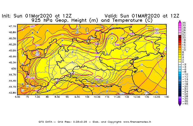 Mappa di analisi GFS - Geopotenziale [m] e Temperatura [°C] a 925 hPa in Nord-Italia
							del 01/03/2020 12 <!--googleoff: index-->UTC<!--googleon: index-->