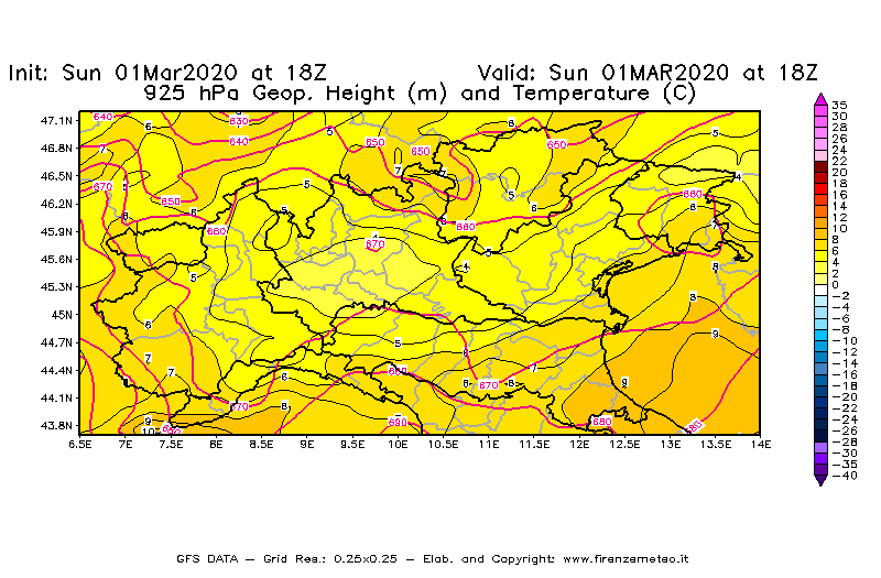 Mappa di analisi GFS - Geopotenziale [m] e Temperatura [°C] a 925 hPa in Nord-Italia
							del 01/03/2020 18 <!--googleoff: index-->UTC<!--googleon: index-->