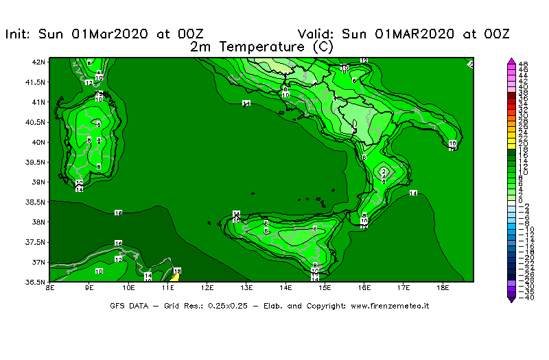 Mappa di analisi GFS - Temperatura a 2 metri dal suolo [°C] in Sud-Italia
							del 01/03/2020 00 <!--googleoff: index-->UTC<!--googleon: index-->