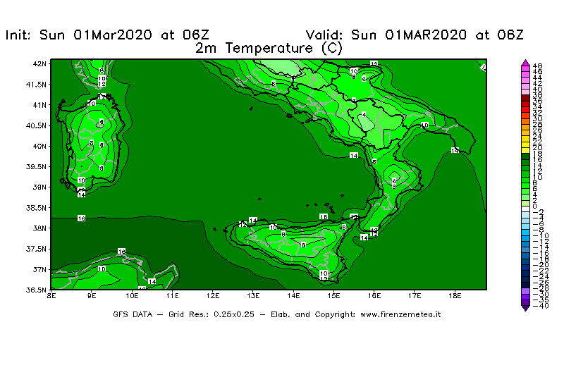 Mappa di analisi GFS - Temperatura a 2 metri dal suolo [°C] in Sud-Italia
							del 01/03/2020 06 <!--googleoff: index-->UTC<!--googleon: index-->