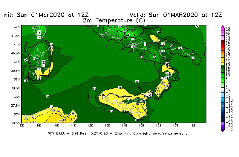 Mappa di analisi GFS - Temperatura a 2 metri dal suolo [°C] in Sud-Italia
							del 01/03/2020 12 <!--googleoff: index-->UTC<!--googleon: index-->