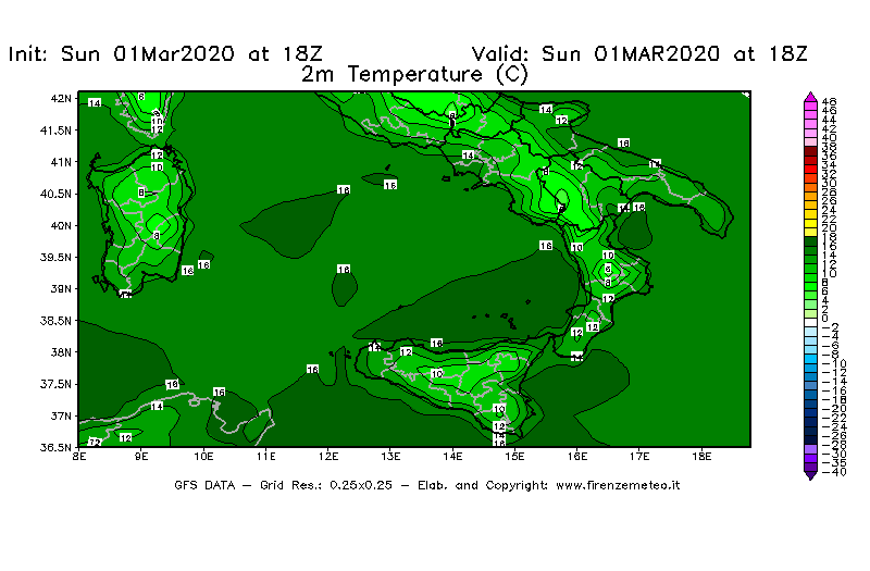 Mappa di analisi GFS - Temperatura a 2 metri dal suolo [°C] in Sud-Italia
							del 01/03/2020 18 <!--googleoff: index-->UTC<!--googleon: index-->