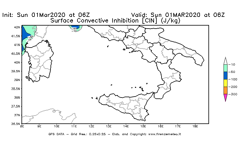 Mappa di analisi GFS - CIN [J/kg] in Sud-Italia
							del 01/03/2020 06 <!--googleoff: index-->UTC<!--googleon: index-->