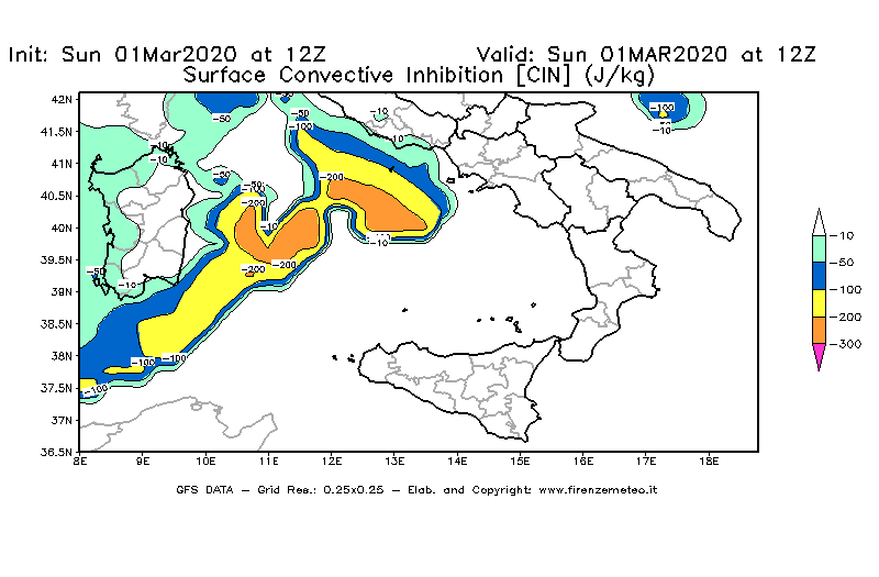 Mappa di analisi GFS - CIN [J/kg] in Sud-Italia
							del 01/03/2020 12 <!--googleoff: index-->UTC<!--googleon: index-->