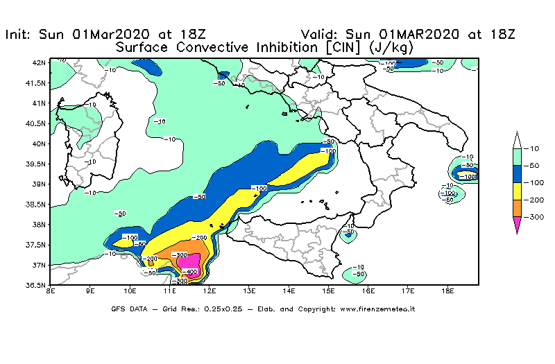 Mappa di analisi GFS - CIN [J/kg] in Sud-Italia
							del 01/03/2020 18 <!--googleoff: index-->UTC<!--googleon: index-->