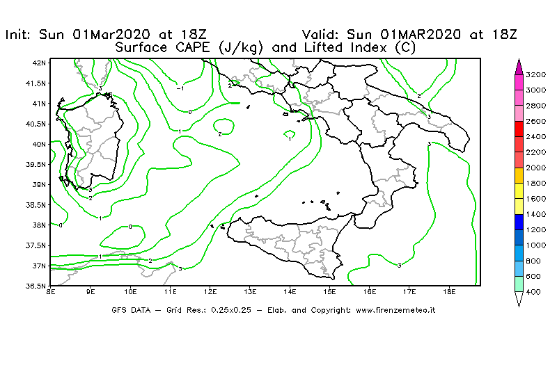 Mappa di analisi GFS - CAPE [J/kg] e Lifted Index [°C] in Sud-Italia
							del 01/03/2020 18 <!--googleoff: index-->UTC<!--googleon: index-->