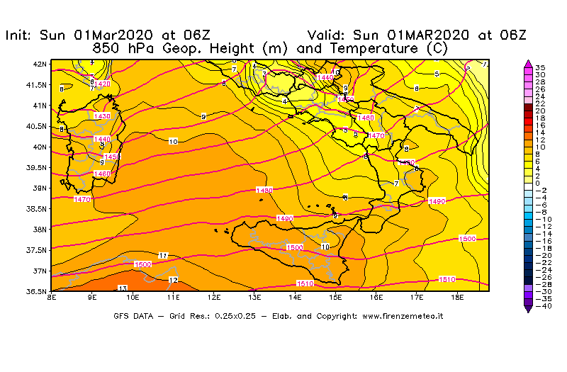 Mappa di analisi GFS - Geopotenziale [m] e Temperatura [°C] a 850 hPa in Sud-Italia
							del 01/03/2020 06 <!--googleoff: index-->UTC<!--googleon: index-->