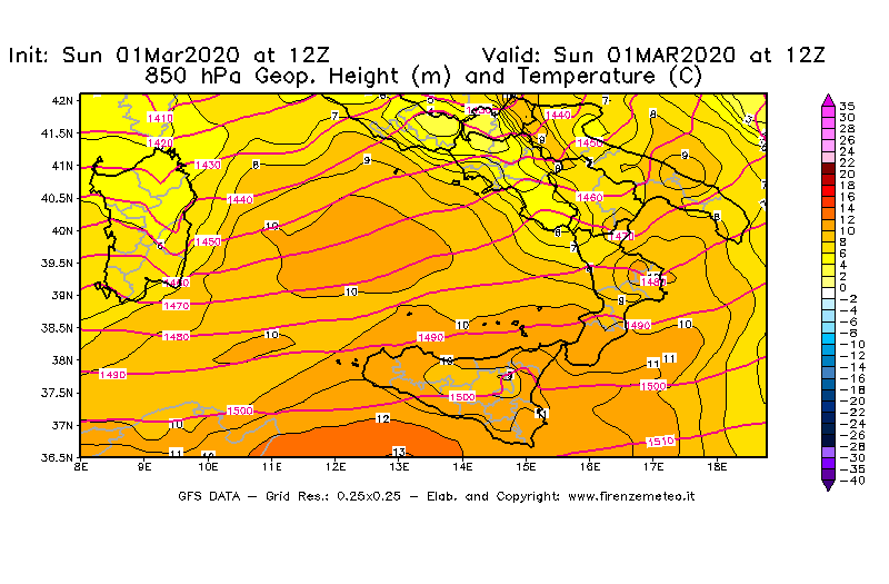 Mappa di analisi GFS - Geopotenziale [m] e Temperatura [°C] a 850 hPa in Sud-Italia
							del 01/03/2020 12 <!--googleoff: index-->UTC<!--googleon: index-->