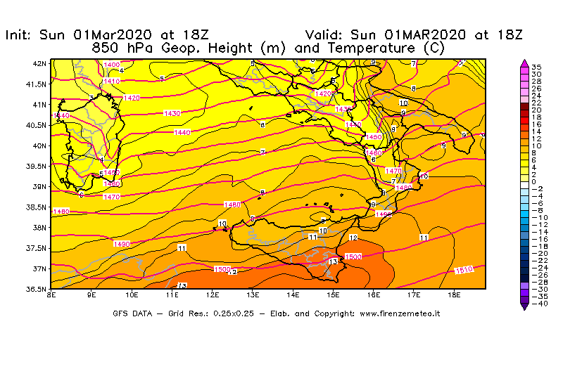 Mappa di analisi GFS - Geopotenziale [m] e Temperatura [°C] a 850 hPa in Sud-Italia
							del 01/03/2020 18 <!--googleoff: index-->UTC<!--googleon: index-->
