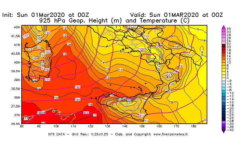 Mappa di analisi GFS - Geopotenziale [m] e Temperatura [°C] a 925 hPa in Sud-Italia
							del 01/03/2020 00 <!--googleoff: index-->UTC<!--googleon: index-->