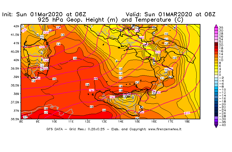Mappa di analisi GFS - Geopotenziale [m] e Temperatura [°C] a 925 hPa in Sud-Italia
							del 01/03/2020 06 <!--googleoff: index-->UTC<!--googleon: index-->