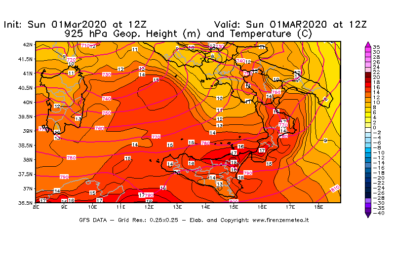 Mappa di analisi GFS - Geopotenziale [m] e Temperatura [°C] a 925 hPa in Sud-Italia
							del 01/03/2020 12 <!--googleoff: index-->UTC<!--googleon: index-->
