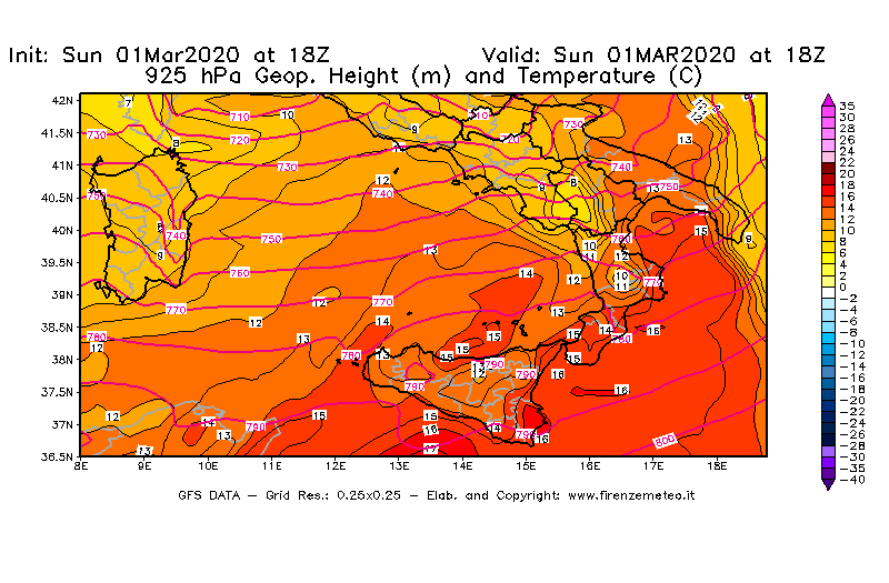 Mappa di analisi GFS - Geopotenziale [m] e Temperatura [°C] a 925 hPa in Sud-Italia
							del 01/03/2020 18 <!--googleoff: index-->UTC<!--googleon: index-->