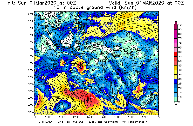 Mappa di analisi GFS - Velocità del vento a 10 metri dal suolo [km/h] in Oceania
							del 01/03/2020 00 <!--googleoff: index-->UTC<!--googleon: index-->
