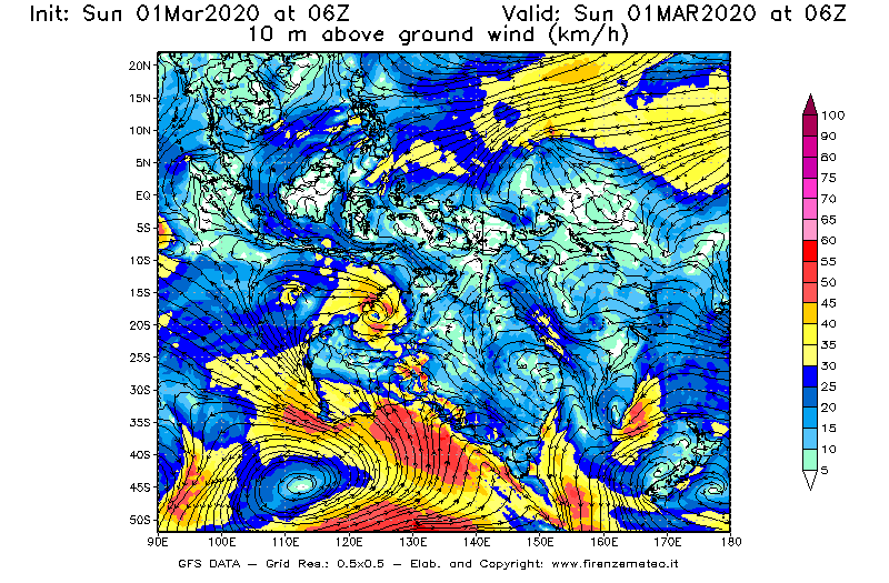 Mappa di analisi GFS - Velocità del vento a 10 metri dal suolo [km/h] in Oceania
							del 01/03/2020 06 <!--googleoff: index-->UTC<!--googleon: index-->