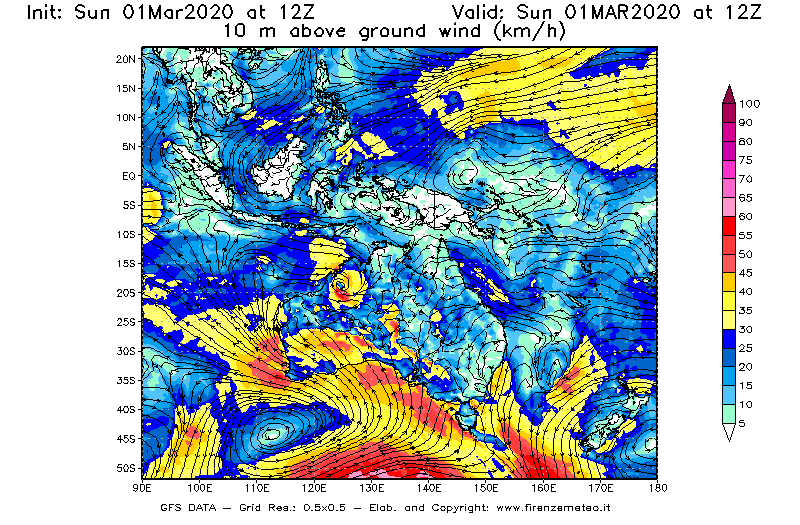 Mappa di analisi GFS - Velocità del vento a 10 metri dal suolo [km/h] in Oceania
							del 01/03/2020 12 <!--googleoff: index-->UTC<!--googleon: index-->