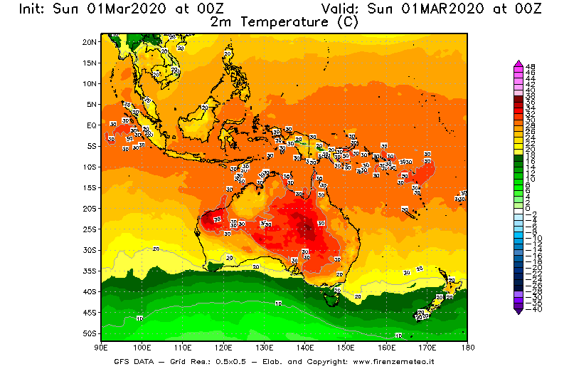 Mappa di analisi GFS - Temperatura a 2 metri dal suolo [°C] in Oceania
							del 01/03/2020 00 <!--googleoff: index-->UTC<!--googleon: index-->