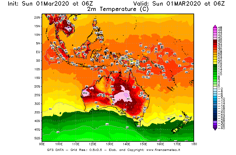 Mappa di analisi GFS - Temperatura a 2 metri dal suolo [°C] in Oceania
							del 01/03/2020 06 <!--googleoff: index-->UTC<!--googleon: index-->