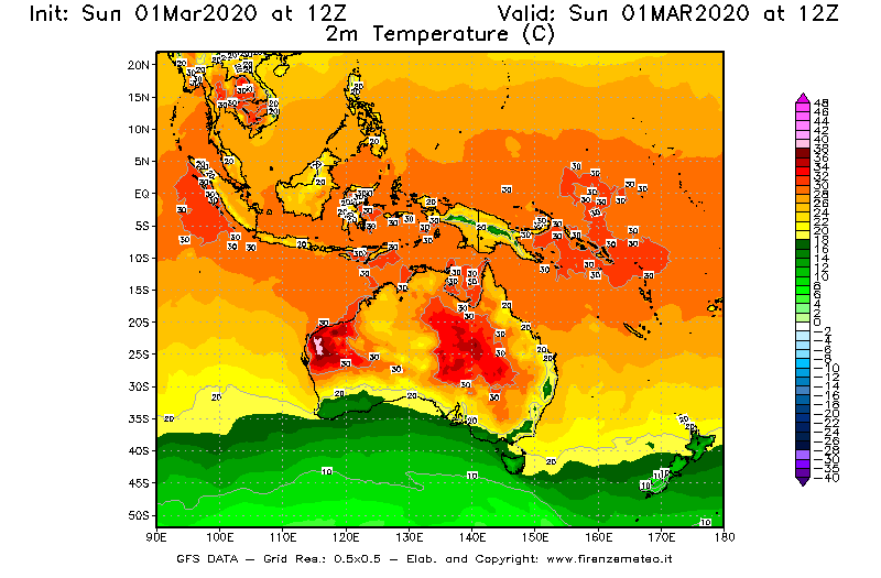 Mappa di analisi GFS - Temperatura a 2 metri dal suolo [°C] in Oceania
							del 01/03/2020 12 <!--googleoff: index-->UTC<!--googleon: index-->