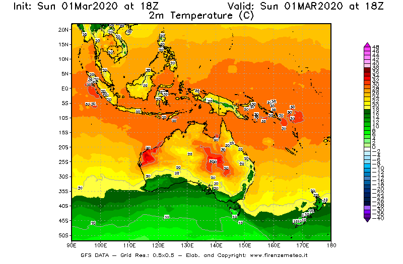Mappa di analisi GFS - Temperatura a 2 metri dal suolo [°C] in Oceania
							del 01/03/2020 18 <!--googleoff: index-->UTC<!--googleon: index-->