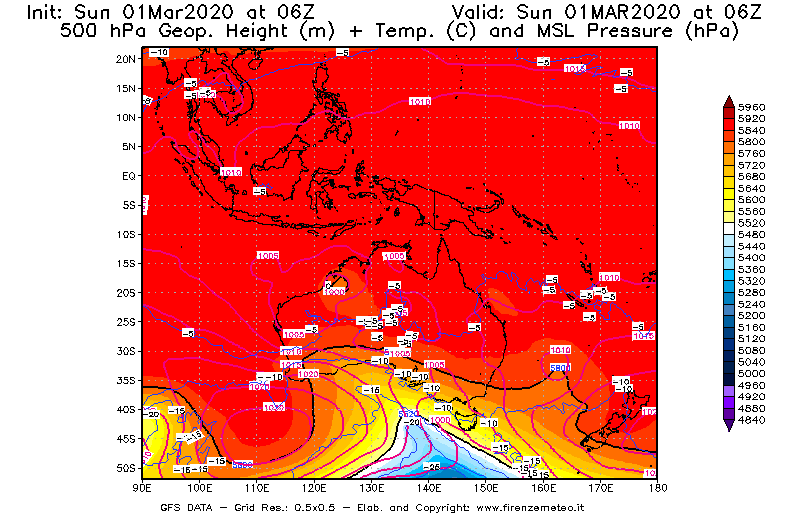 Mappa di analisi GFS - Geopotenziale [m] + Temp. [°C] a 500 hPa + Press. a livello del mare [hPa] in Oceania
							del 01/03/2020 06 <!--googleoff: index-->UTC<!--googleon: index-->