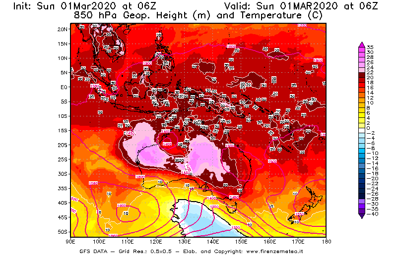 Mappa di analisi GFS - Geopotenziale [m] e Temperatura [°C] a 850 hPa in Oceania
							del 01/03/2020 06 <!--googleoff: index-->UTC<!--googleon: index-->