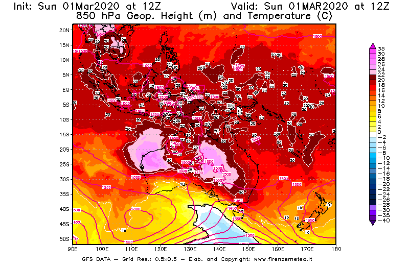 Mappa di analisi GFS - Geopotenziale [m] e Temperatura [°C] a 850 hPa in Oceania
							del 01/03/2020 12 <!--googleoff: index-->UTC<!--googleon: index-->