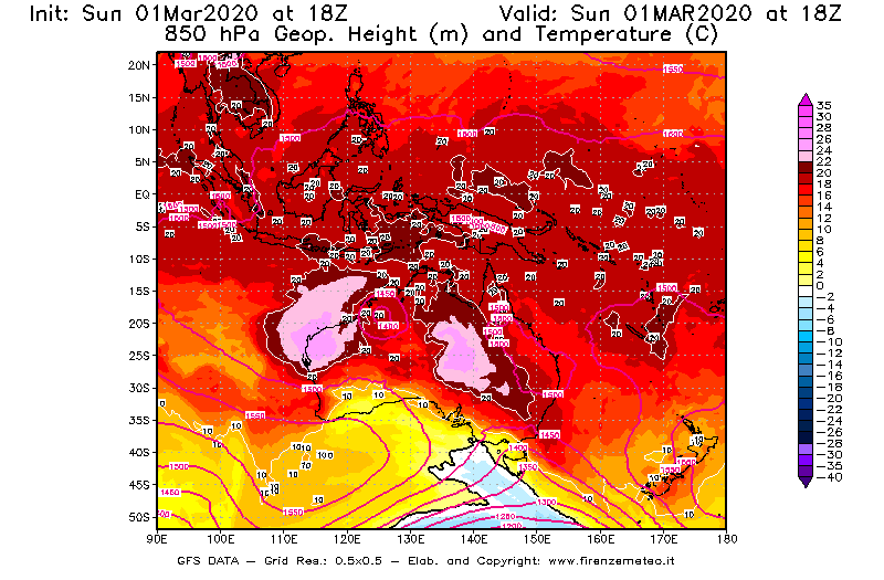Mappa di analisi GFS - Geopotenziale [m] e Temperatura [°C] a 850 hPa in Oceania
							del 01/03/2020 18 <!--googleoff: index-->UTC<!--googleon: index-->
