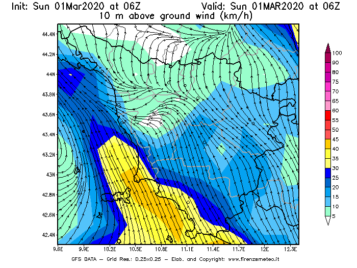 Mappa di analisi GFS - Velocità del vento a 10 metri dal suolo [km/h] in Toscana
							del 01/03/2020 06 <!--googleoff: index-->UTC<!--googleon: index-->