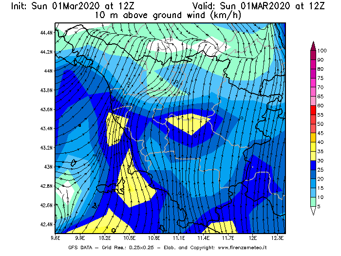 Mappa di analisi GFS - Velocità del vento a 10 metri dal suolo [km/h] in Toscana
							del 01/03/2020 12 <!--googleoff: index-->UTC<!--googleon: index-->