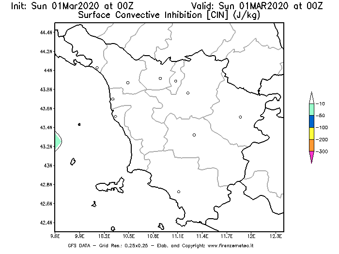 Mappa di analisi GFS - CIN [J/kg] in Toscana
							del 01/03/2020 00 <!--googleoff: index-->UTC<!--googleon: index-->