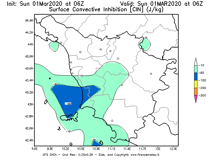 Mappa di analisi GFS - CIN [J/kg] in Toscana
							del 01/03/2020 06 <!--googleoff: index-->UTC<!--googleon: index-->