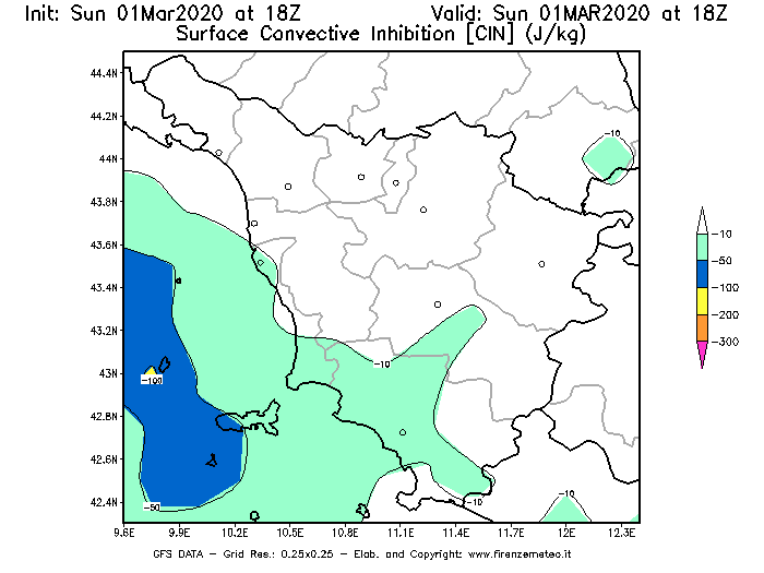 Mappa di analisi GFS - CIN [J/kg] in Toscana
							del 01/03/2020 18 <!--googleoff: index-->UTC<!--googleon: index-->