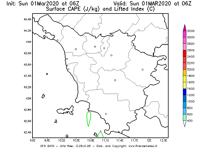 Mappa di analisi GFS - CAPE [J/kg] e Lifted Index [°C] in Toscana
							del 01/03/2020 06 <!--googleoff: index-->UTC<!--googleon: index-->