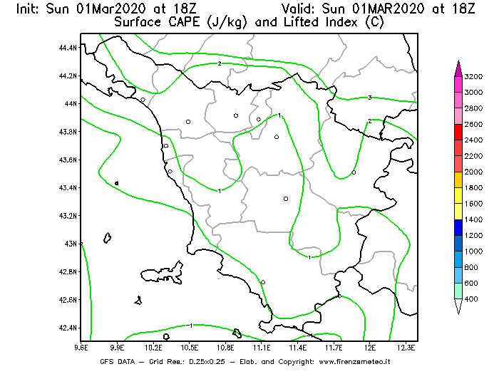 Mappa di analisi GFS - CAPE [J/kg] e Lifted Index [°C] in Toscana
							del 01/03/2020 18 <!--googleoff: index-->UTC<!--googleon: index-->
