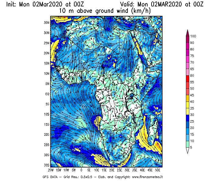 Mappa di analisi GFS - Velocità del vento a 10 metri dal suolo [km/h] in Africa
							del 02/03/2020 00 <!--googleoff: index-->UTC<!--googleon: index-->