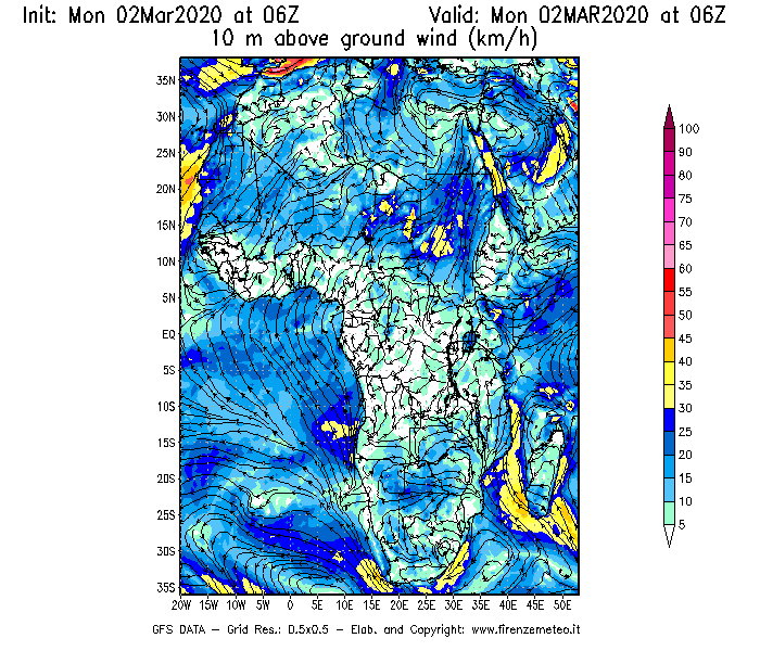 Mappa di analisi GFS - Velocità del vento a 10 metri dal suolo [km/h] in Africa
							del 02/03/2020 06 <!--googleoff: index-->UTC<!--googleon: index-->